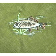 Kapesník pánský, rybářský motiv vyšívaný karas, barva oliva
